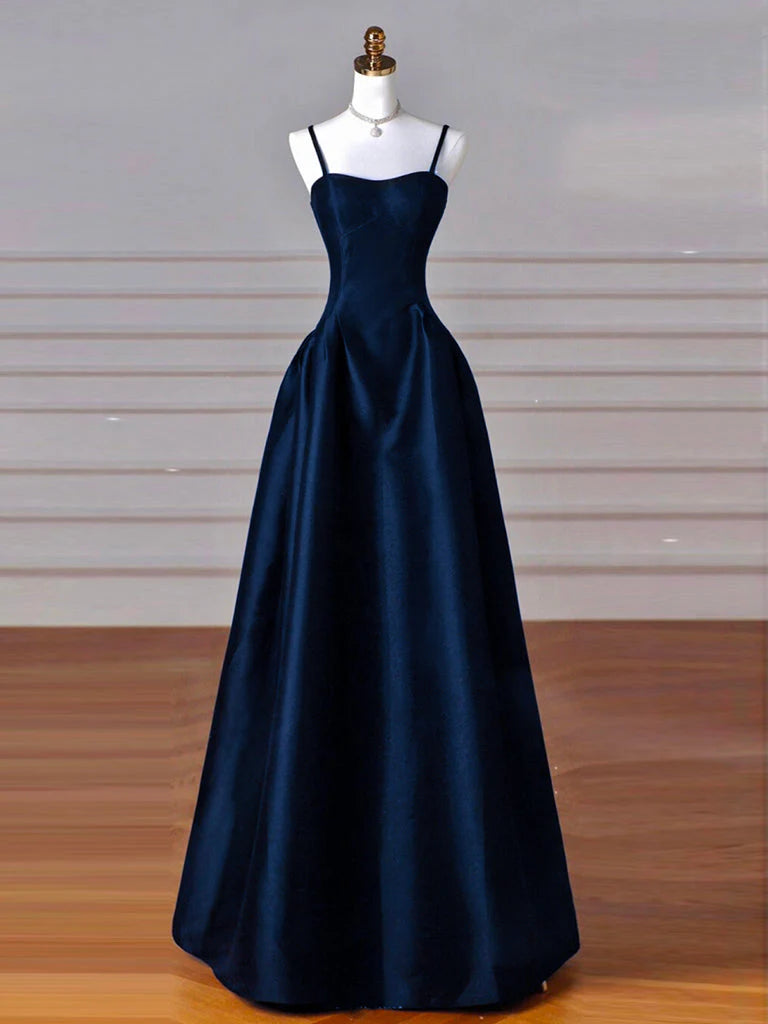A-Line Dark Blue Satin Long Prom Dress Dark Blue Long Formal Dress