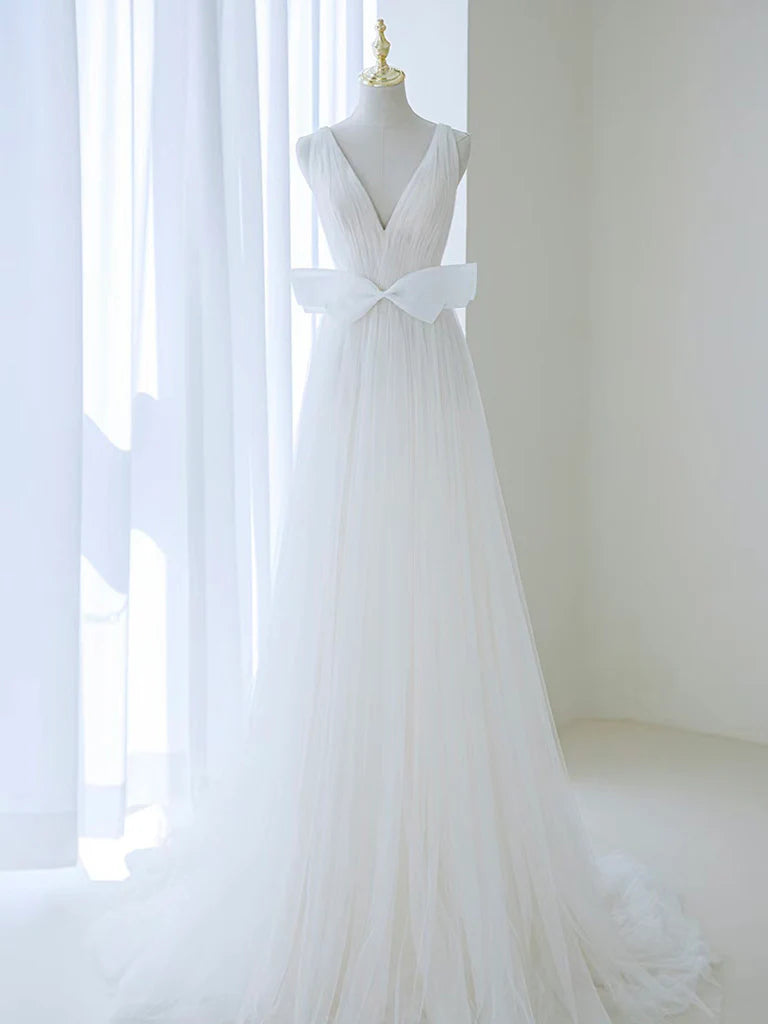 Simplicity A-Line V Neck White Tulle Long Wedding Dress with Bow
