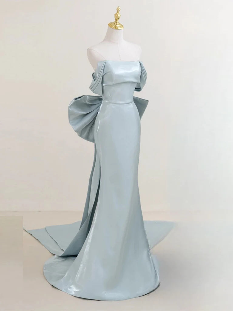 Simple Off Shoulder Satin Blue Long Prom DressBlue Long Formal Dress