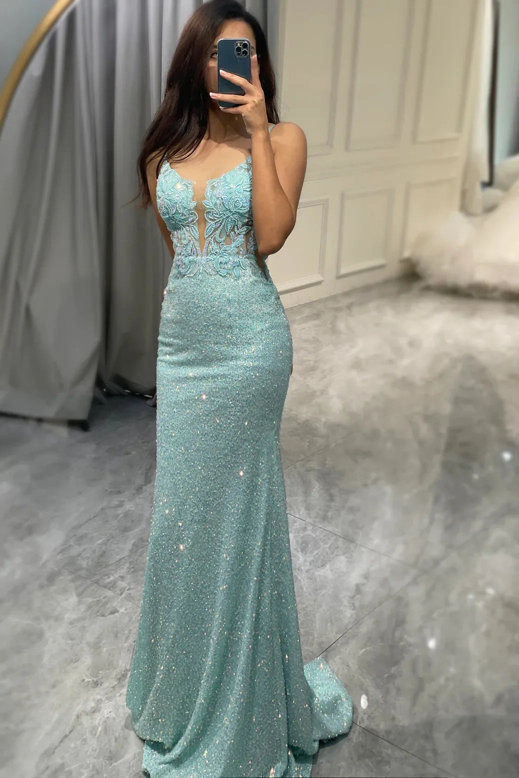 Light Green Mermaid Open Back Long Party Prom Dress