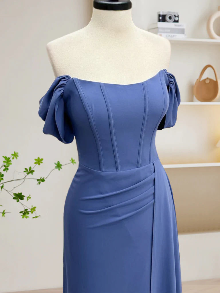 Off Shoulder Gray Blue Long Prom Dress Gray Blue Long Formal Dress