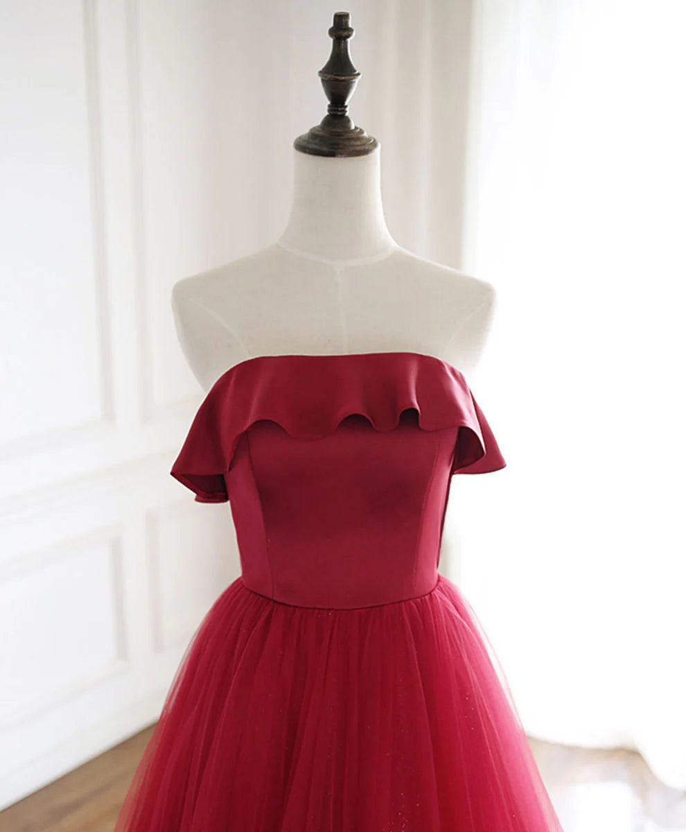 Tulle Long Prom Dress Aline Burgundy Formal Party Dress