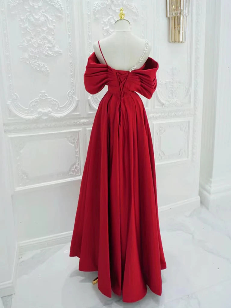 A-Line Satin Off Shoulder Red Long Prom Dress Red Long Evening Dress
