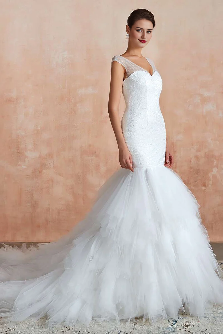 Multi-Tiered Lace-Up Trumpet Wedding Dress with Sweep Train