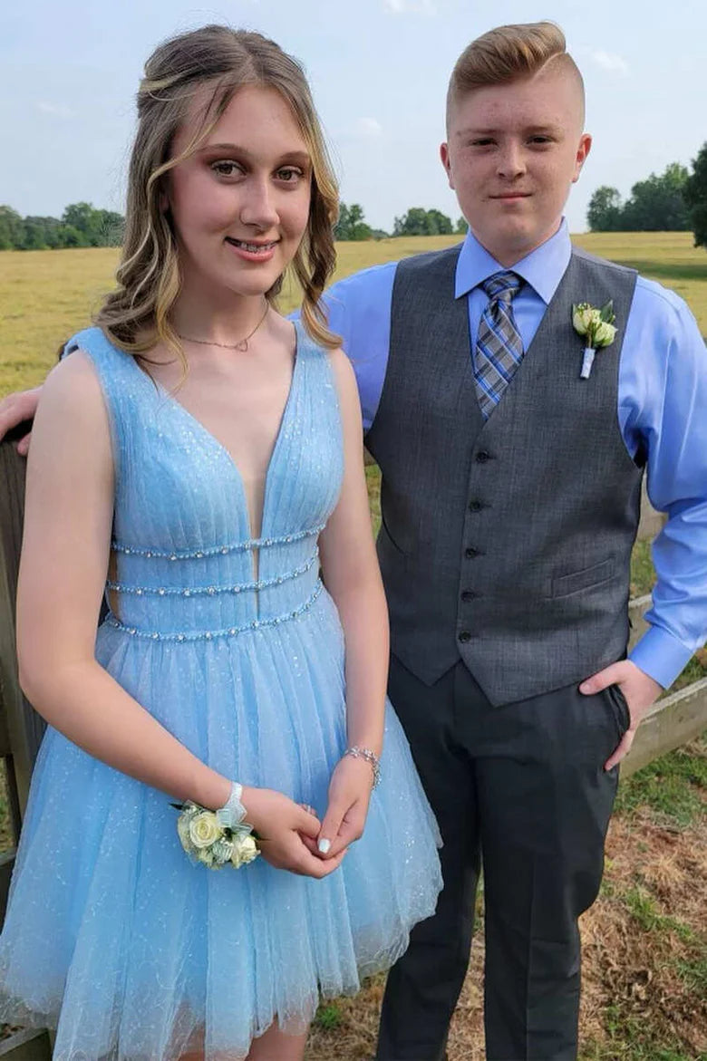 Light Blue V-Neck A-Line Short Homecoming Dress