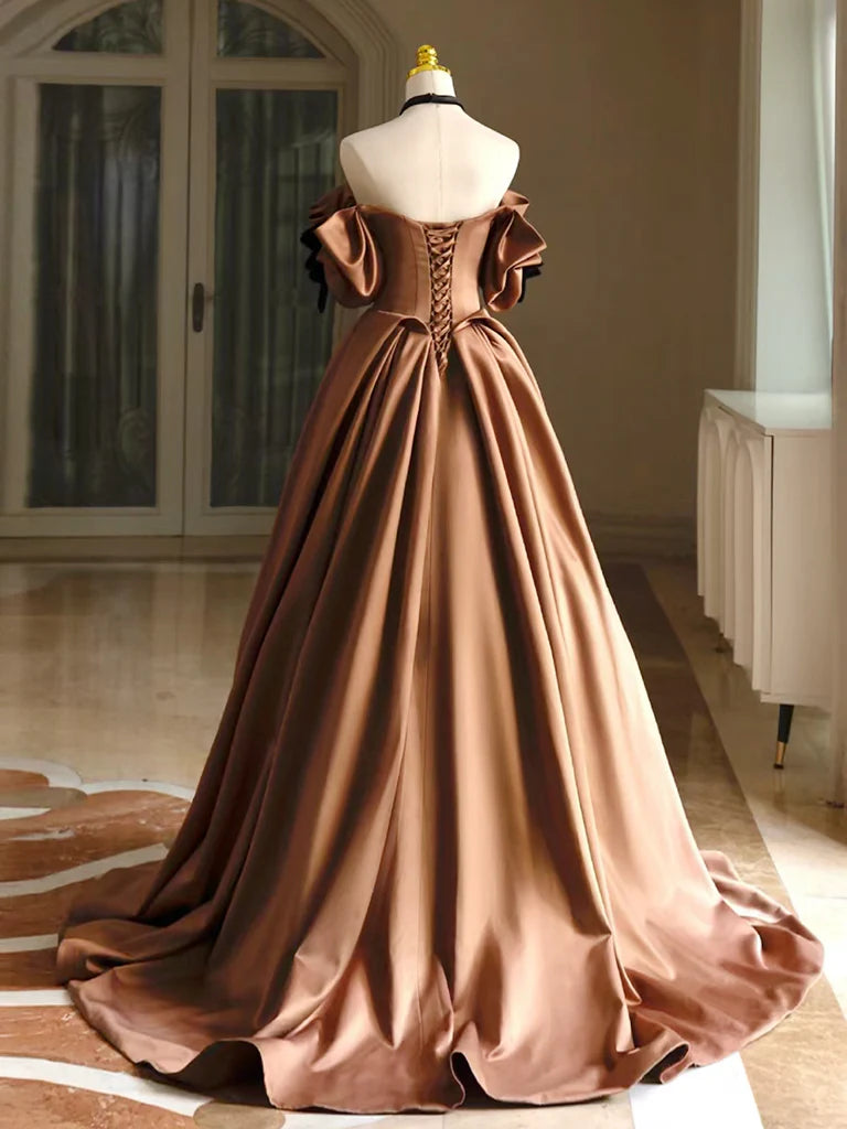 A-Line Satin Brown Long Prom Dress Brown Long Formal Dress