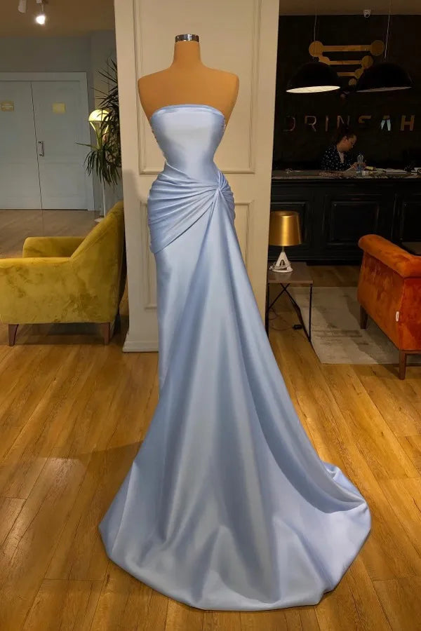 Long Mermaid Strapless Sleevelss Satin Prom Dress with Ruffles