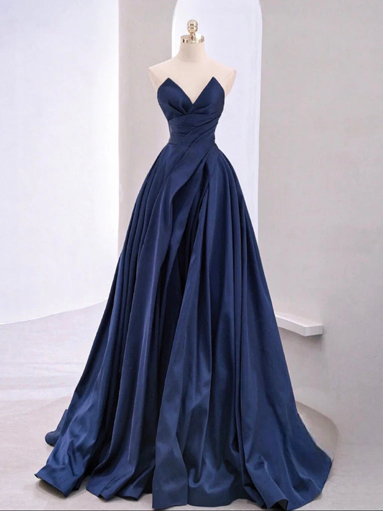 A-Line V Neck Satin Dark Blue Long Prom Dress