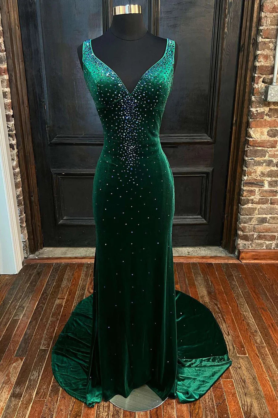 Velvet V-Neck Cutout Back Mermaid Long Formal Dress