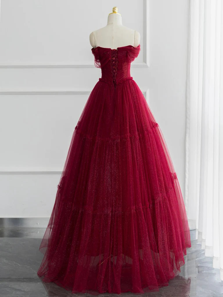 A-line Off Shoulder Tulle Shiny Burgundy Long Prom Dress