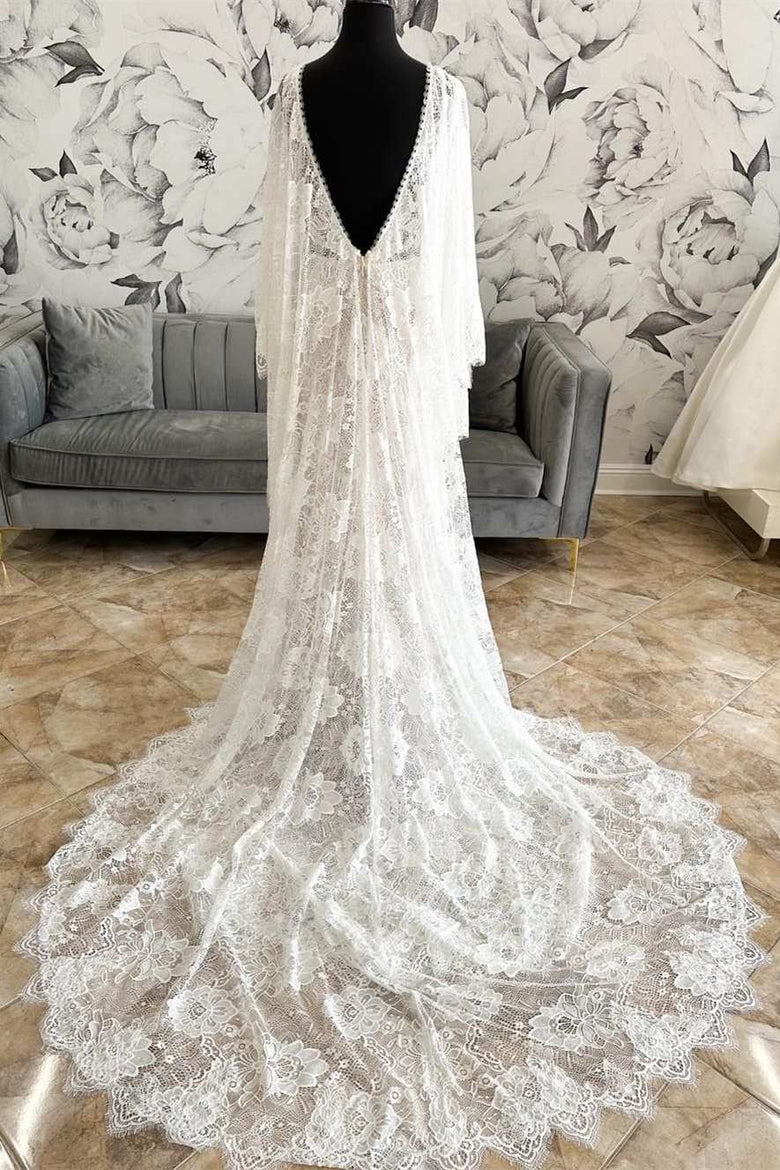 Lace Plunge V Mermaid Long Wedding Dress with Bell Sleeves