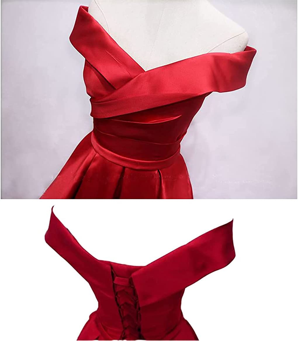Red Women's Off The Shoulder Prom Dresses Aline Satin Pleated Long Formal Dress