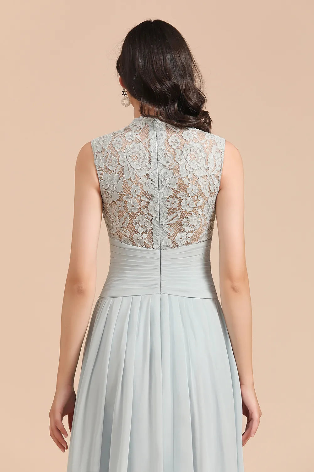A-line High Neck Chiffon Lace Floor Length Bridesmaid Dresses