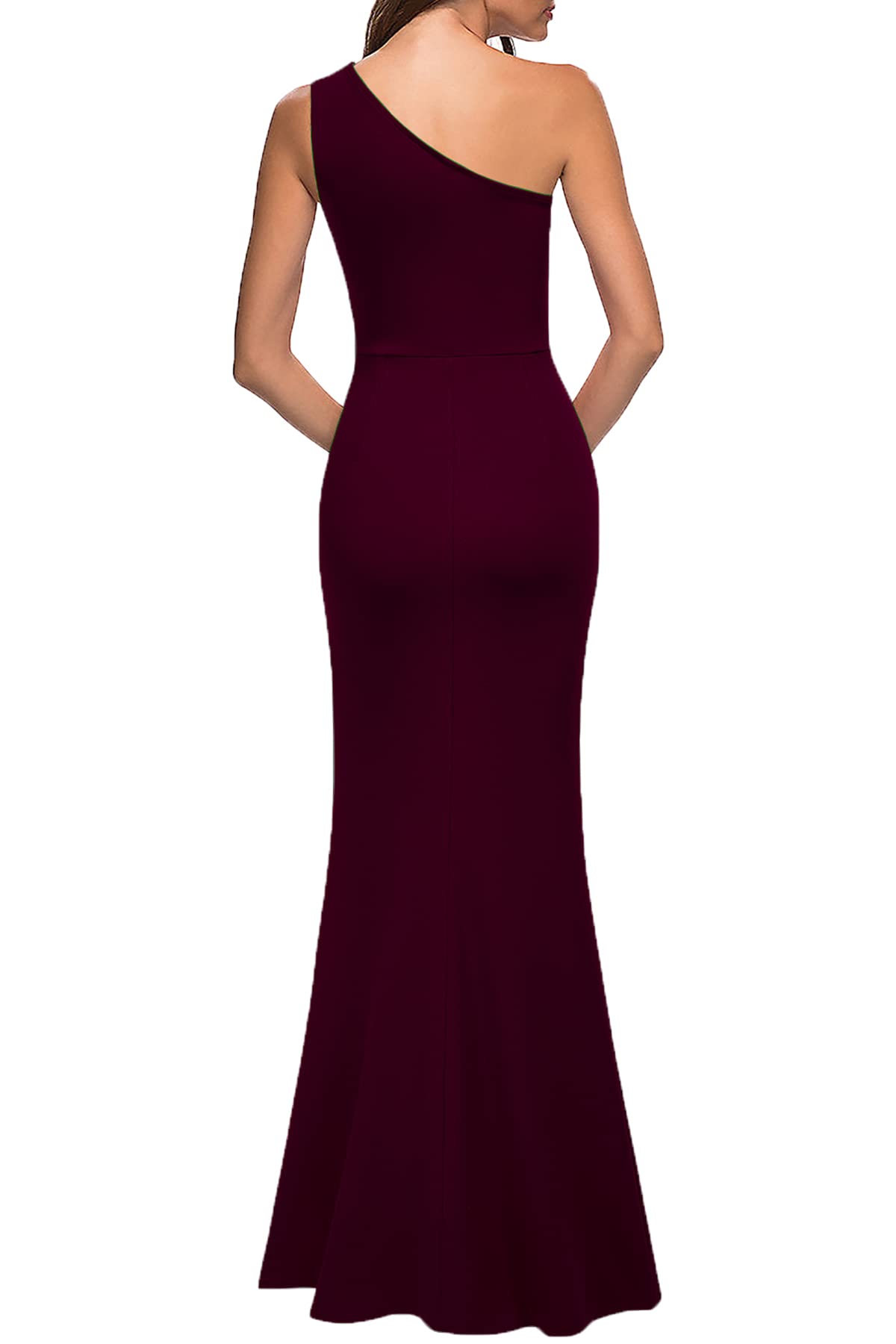 Burgundy Women's One Shoulder Sleeveless Bodycon Mermaid high Split Cocktail Long Formal Prom Dress