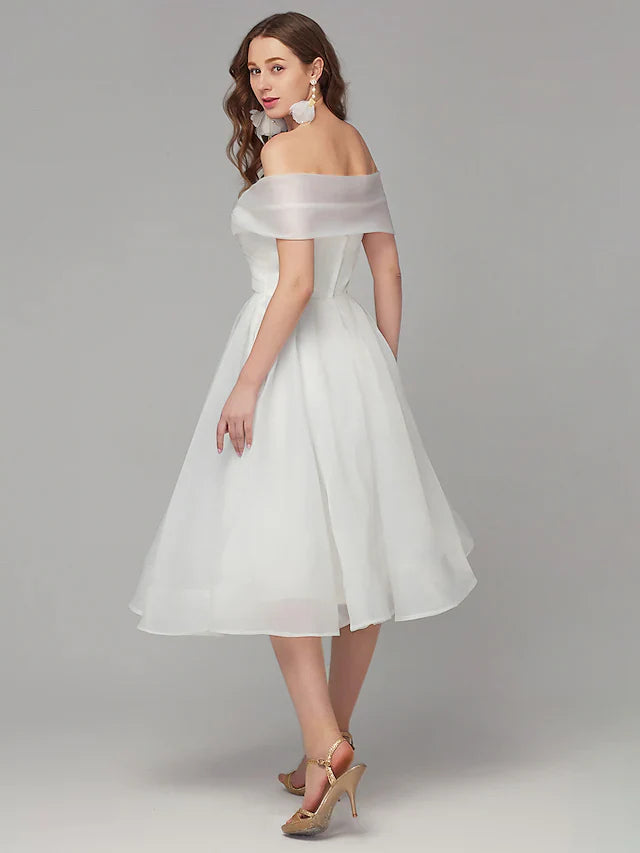 DingjiA-Line White Elegant Engagement Cocktail Party Dress Off Shoulder Sleeveless Tea Length Organza with Criss Cross Pleats