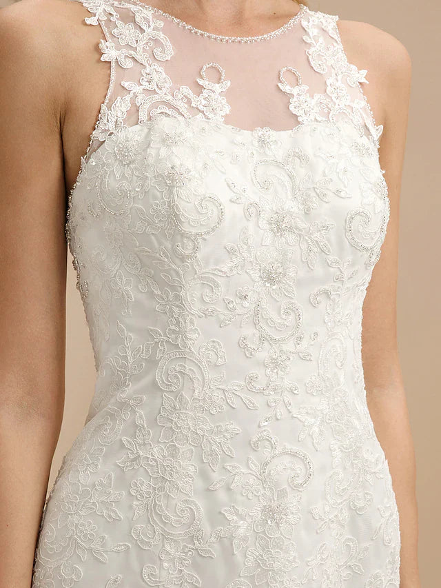 Dingji Wedding Dresses Bateau Neck All Over Lace Regular Straps Sexy Illusion Detail Backless with Beading Appliques