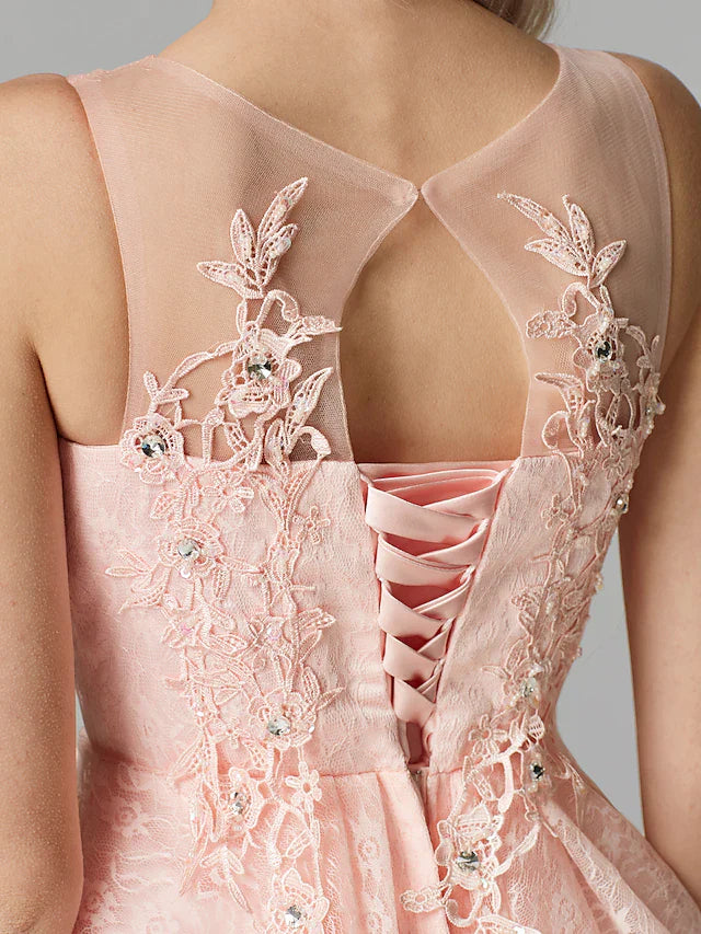 DingjiA-Line Sparkle Homecoming Cocktail Party Dress Pink Illusion Neck Sleeveless Short Mini Tulle Floral Lace with Sequin Appliques