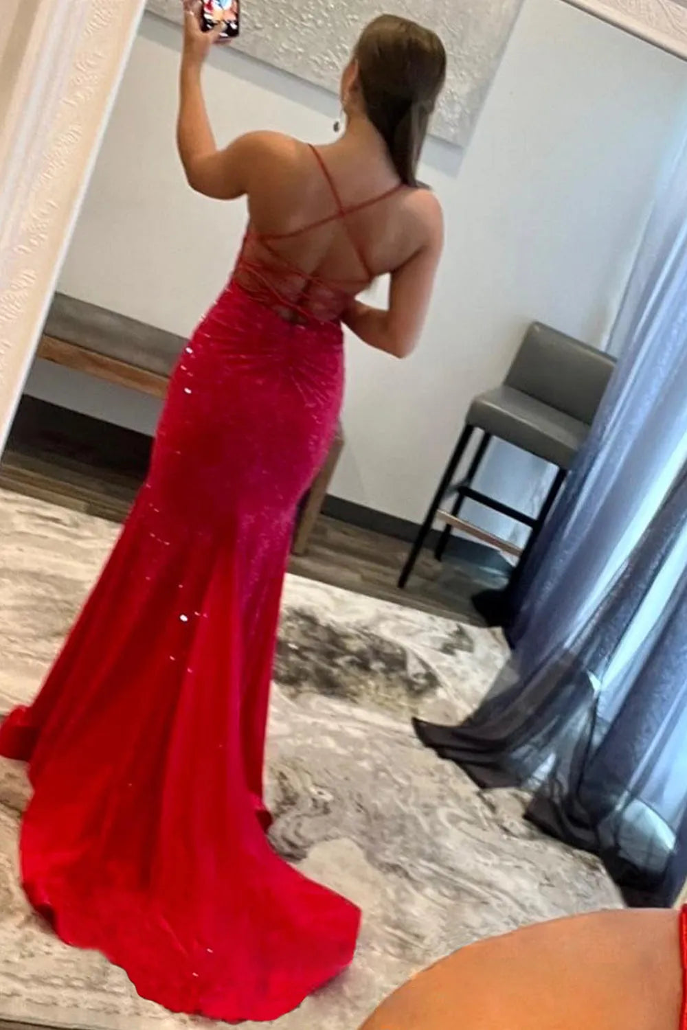 Spaghetti Straps Red Long Prom Dress with Criss Cross Back