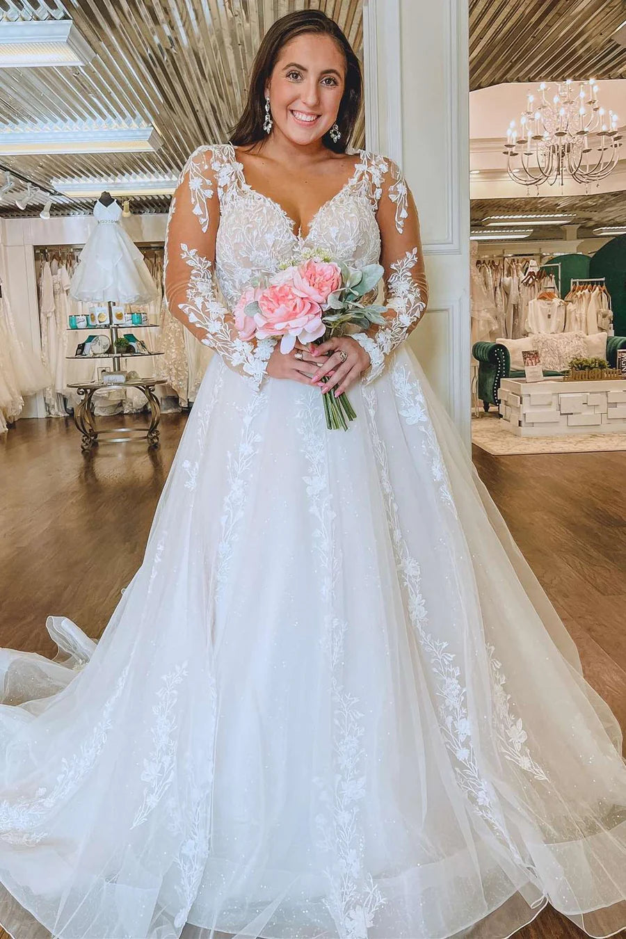 Floral Lace Queen Anne Long Sleeve Wedding Dress
