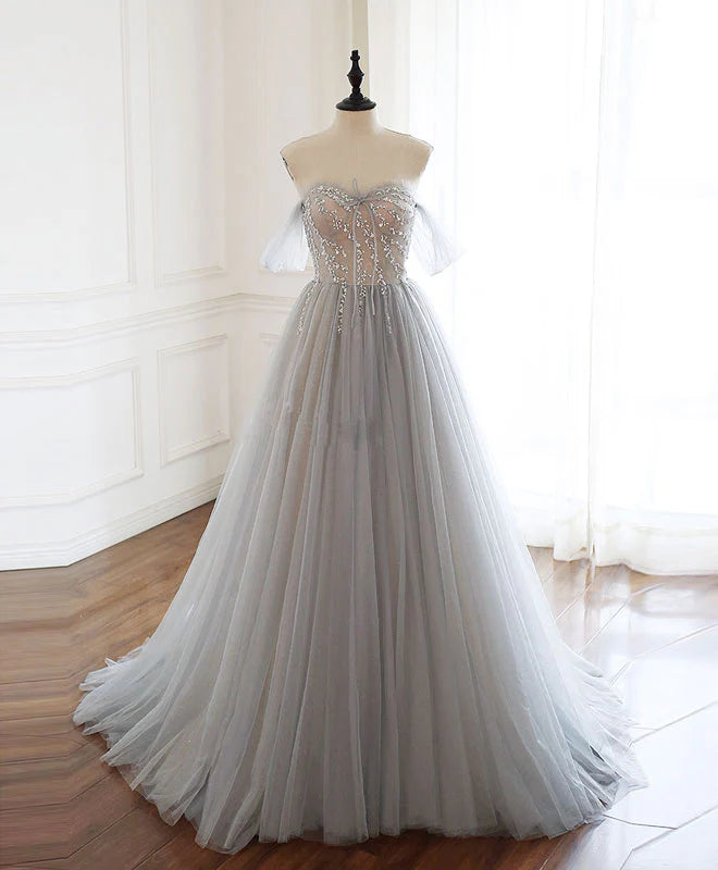 Sweetheart Tulle Beads Long Prom Dress Gray Tulle Formal Dress