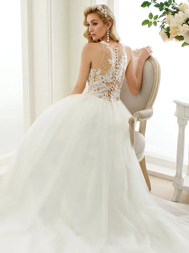 DingjiBall Gown Wedding Dresses Jewel Neck Chapel Train Lace Tulle Lace Over Tulle Regular Straps See-Through Beautiful Back with Buttons Appliques