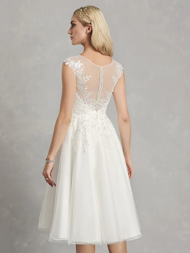 DingjiA-Line Wedding Dresses Jewel Neck Tea Length Lace Tulle Cap Sleeve Beautiful Back with Appliques