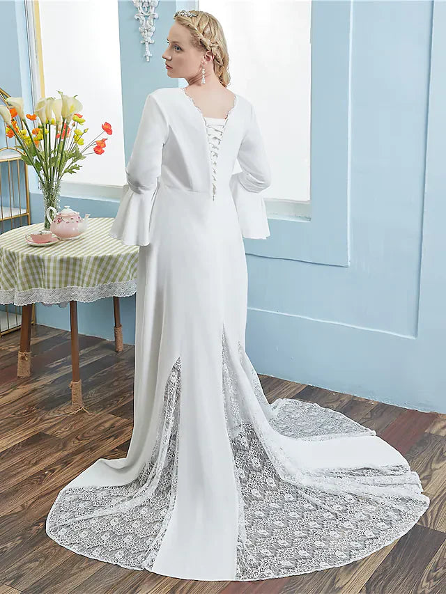 A-Line Wedding Dresses V Neck Chapel Train Lace Italy Satin Long Sleeve Vintage Plus Size with Pleats Lace Insert