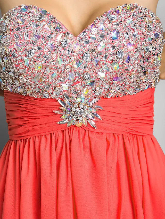 DingjiA-Line Beaded & Sequin Cute Cocktail Party Valentine's Day Dress Sweetheart Neckline Strapless Sleeveless Short Mini Chiffon with Ruched Crystals Beading