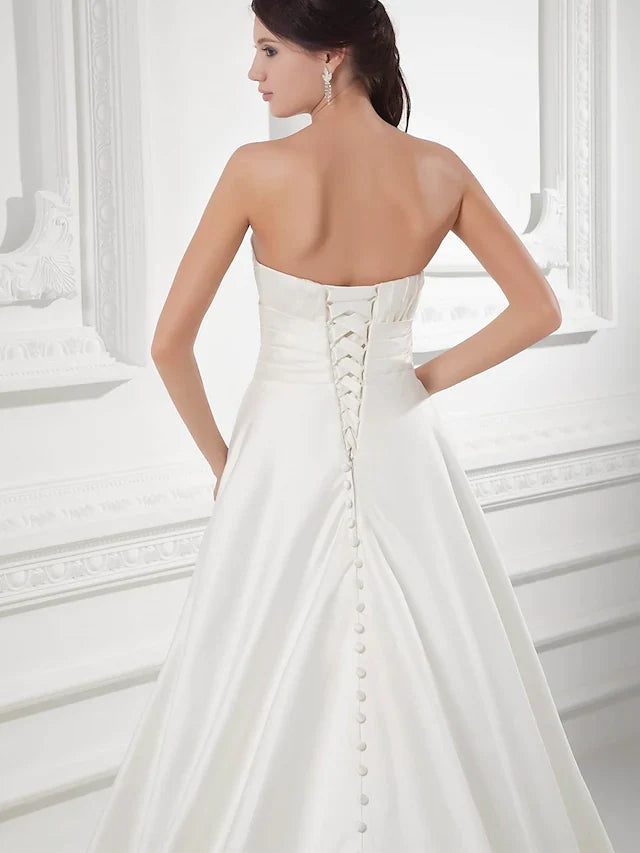 DingjiA-Line Wedding Dresses Sweetheart Neckline Court Train Satin Strapless with Buttons Ruched Beading