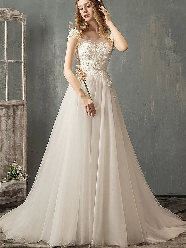 DingjiPrincess A-Line Wedding Dresses Jewel Neck Lace Tulle Cap Sleeve Country Romantic with Pleats Appliques