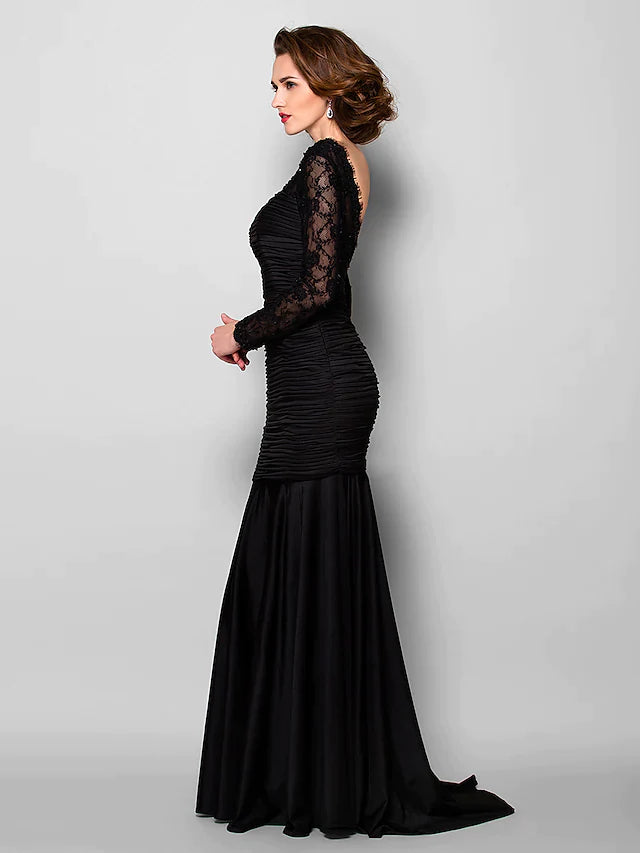 Mother of the Bride Dress Beautiful Back Jewel Neck Lace Jersey Long Sleeve with Lace Ruched Beading