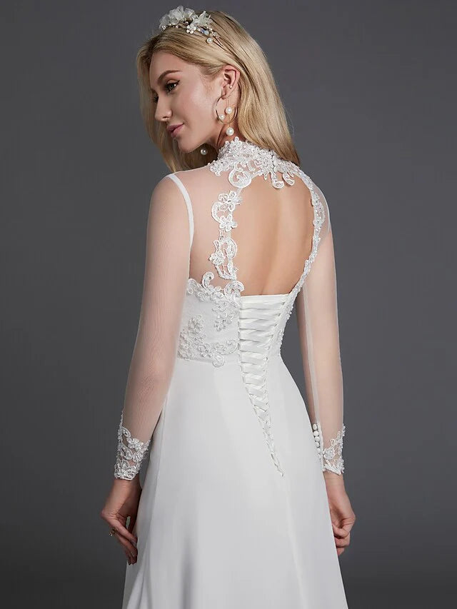 DingjiA-Line Wedding Dresses High Neck Court Train Chiffon Lace Long Sleeve Vintage Plus Size Backless with Lace Buttons