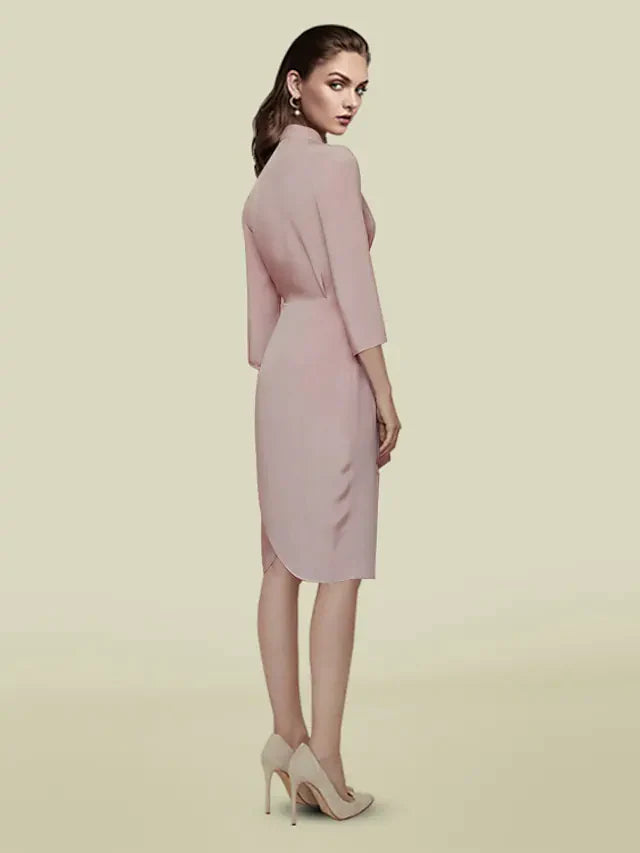 Mother of the Bride Dress Elegant V Neck Knee Length Charmeuse Length Sleeve with Sash Ribbon Pleats