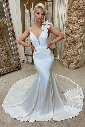Satin Backless Mermaid Wedding Dress with Flowers