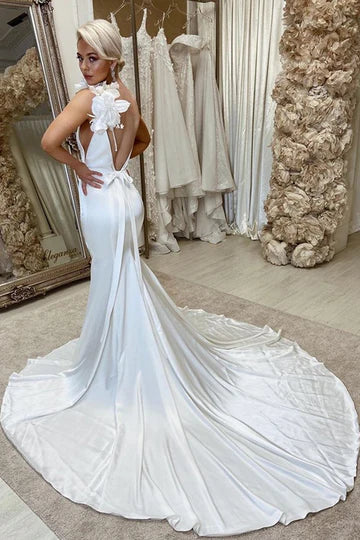 Satin Backless Mermaid Wedding Dress with Flowers