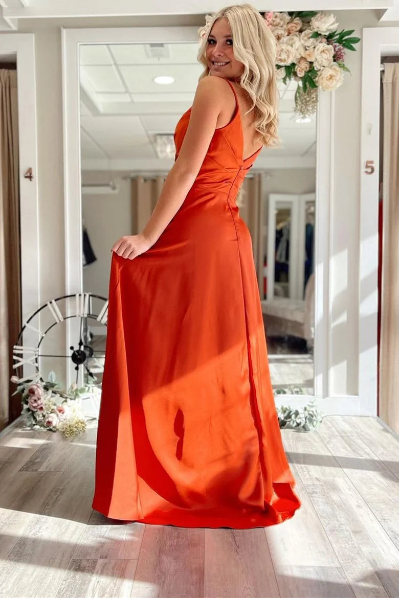 Satin Pleated V-Neck Backless Long Prom Dress