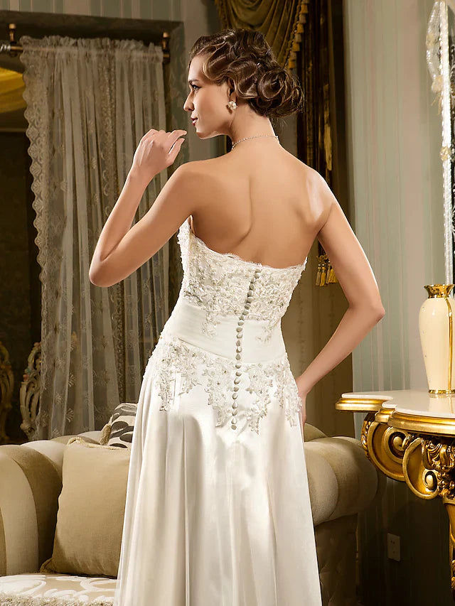 DingjiA-Line Wedding Dresses Strapless Asymmetrical Beaded Lace Strapless Vintage Illusion Detail with Appliques Button