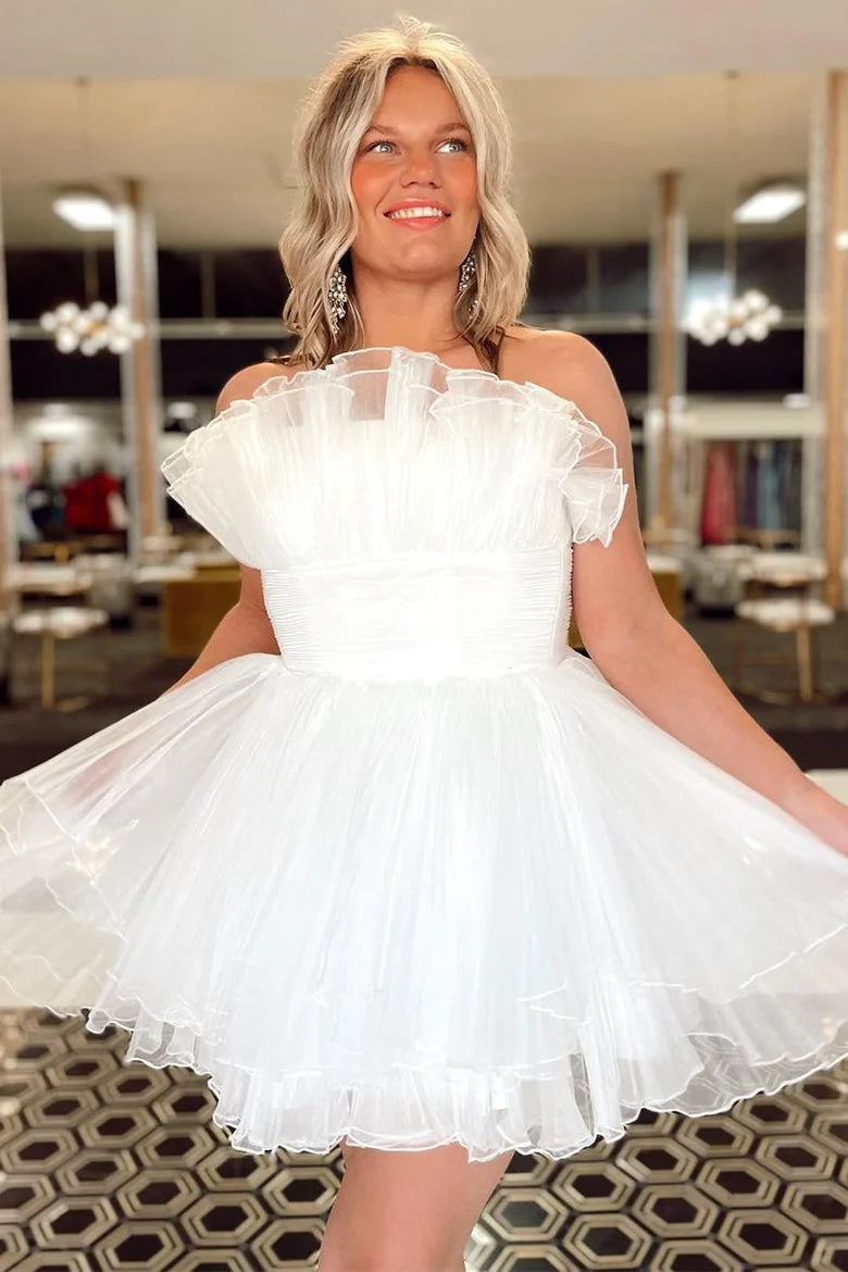 Strapless Pleated Short Dress with Ruffles