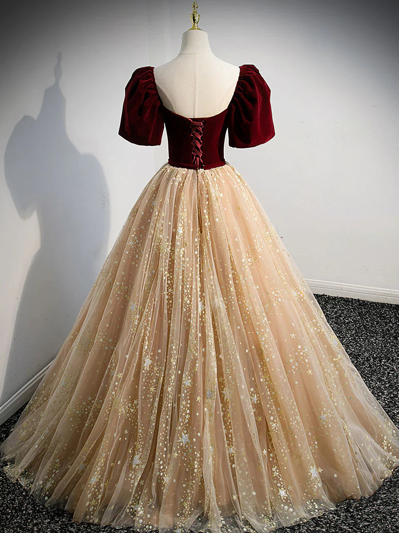 Champagne tulle long prom dressA line tulle evening dress