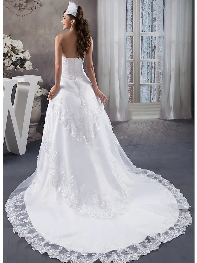 DingjiA-Line Wedding Dresses Strapless Chapel Train Lace Organza Satin Strapless with Beading Appliques Cascading Ruffles
