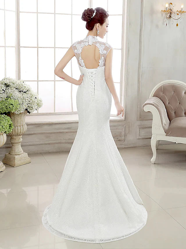 Dingji Wedding Dresses High Neck Lace Cap Sleeve Sexy Illusion Detail Backless with Beading Appliques