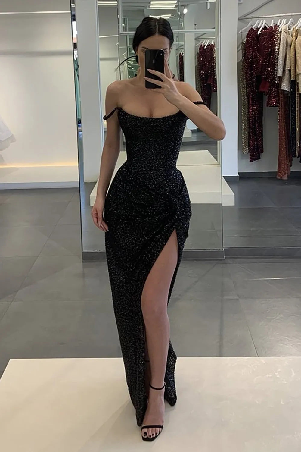 Off the Shoulder Black Sequins Long Prom Dress with Split Front