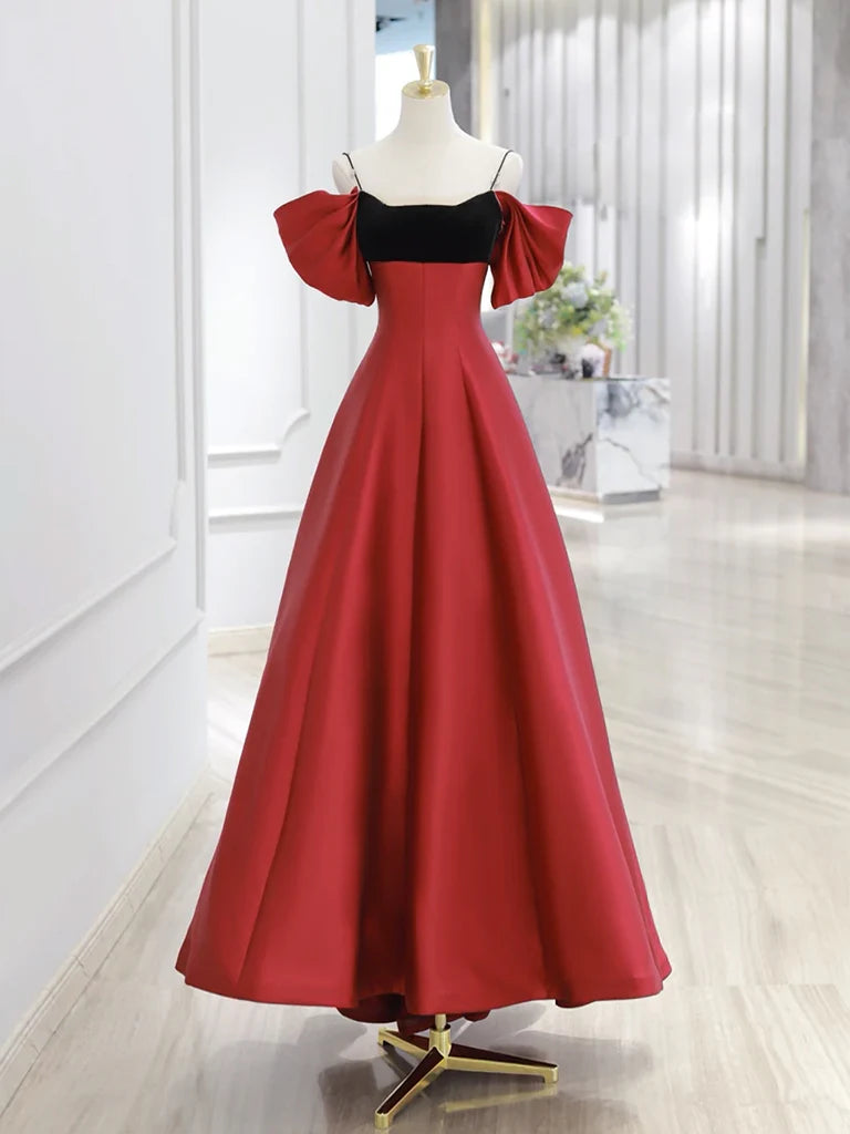A-Line Off Shoulder Satin Dark Red Long Prom Dress