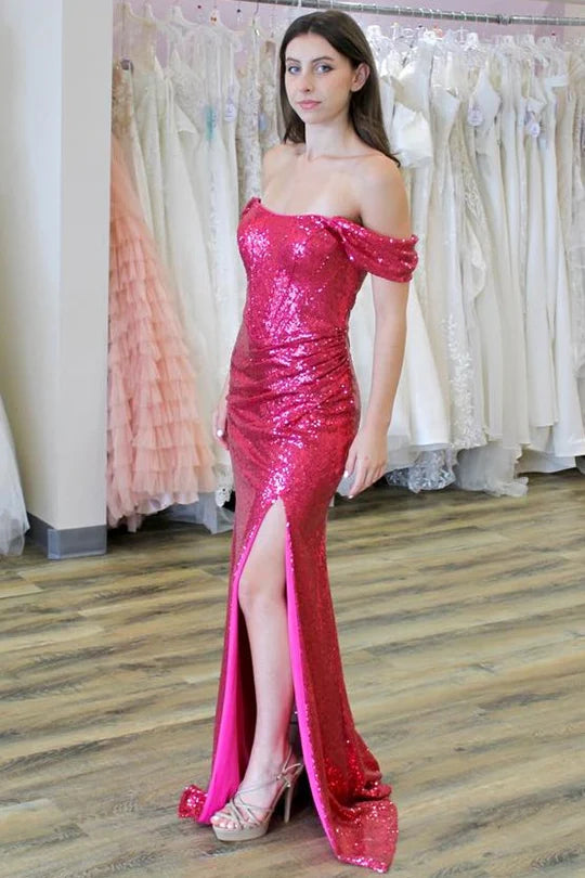 Sequin Off-the-Shoulder Ruching Long Gown with Slit