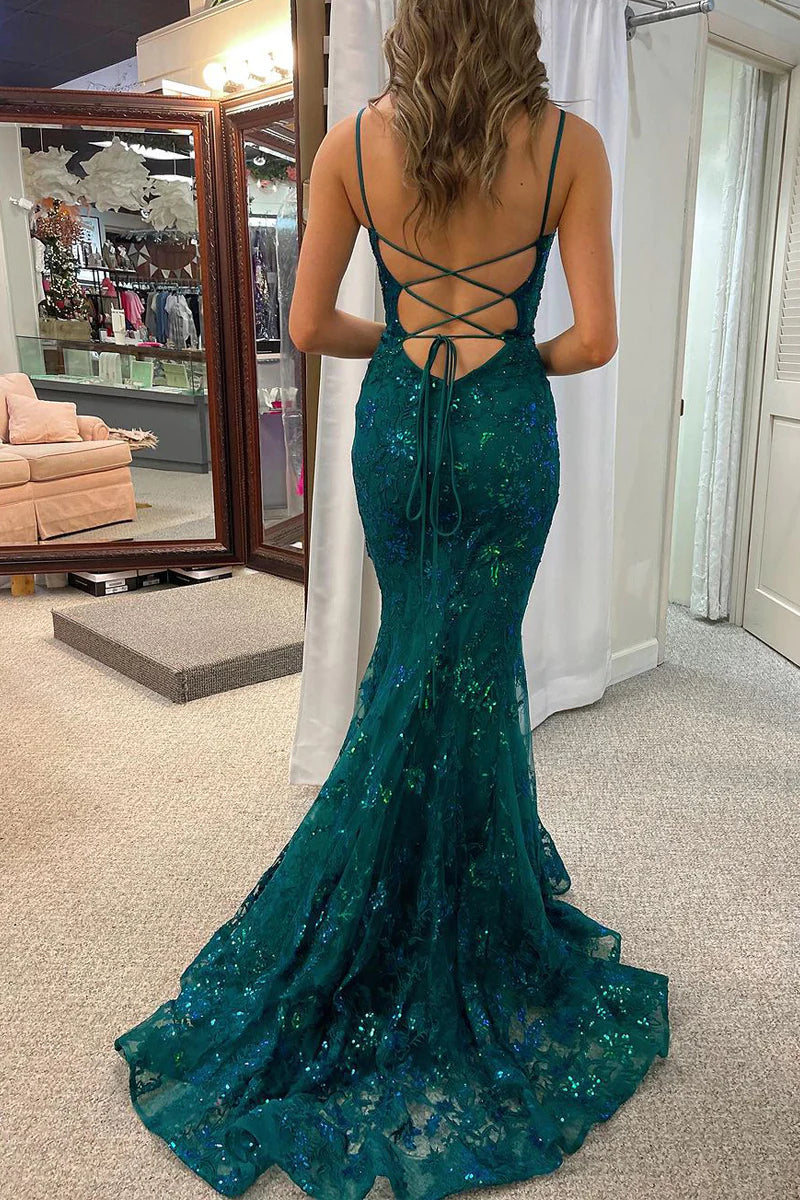 Dark Green Sequins Lace Mermaid Long Prom Dress
