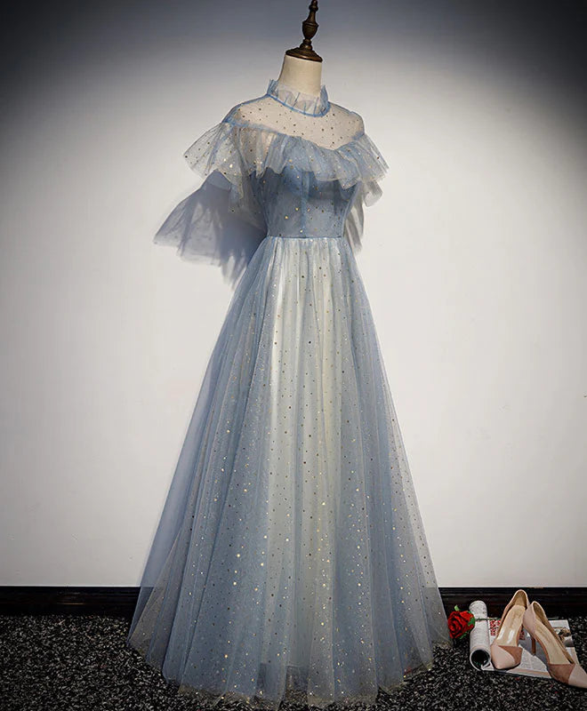 Tulle Lace Long Prom Dress Gray Blue Tulle Evening Dress