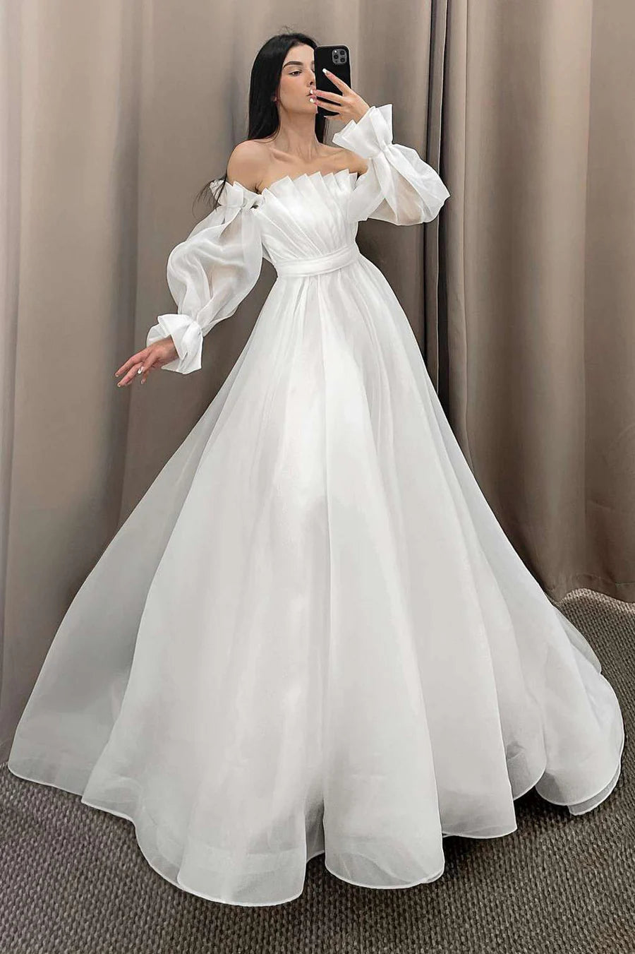 Strapless Pleated A-Line Long Wedding Dress with Sleeves