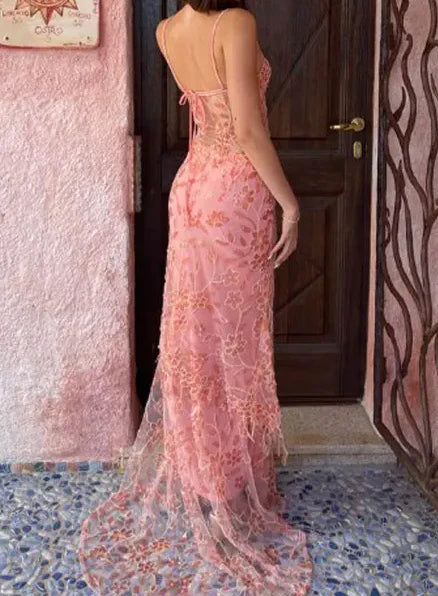 Lace Evening Dress for Women Sexy Sleeveless Backless Sheath Dress for Women