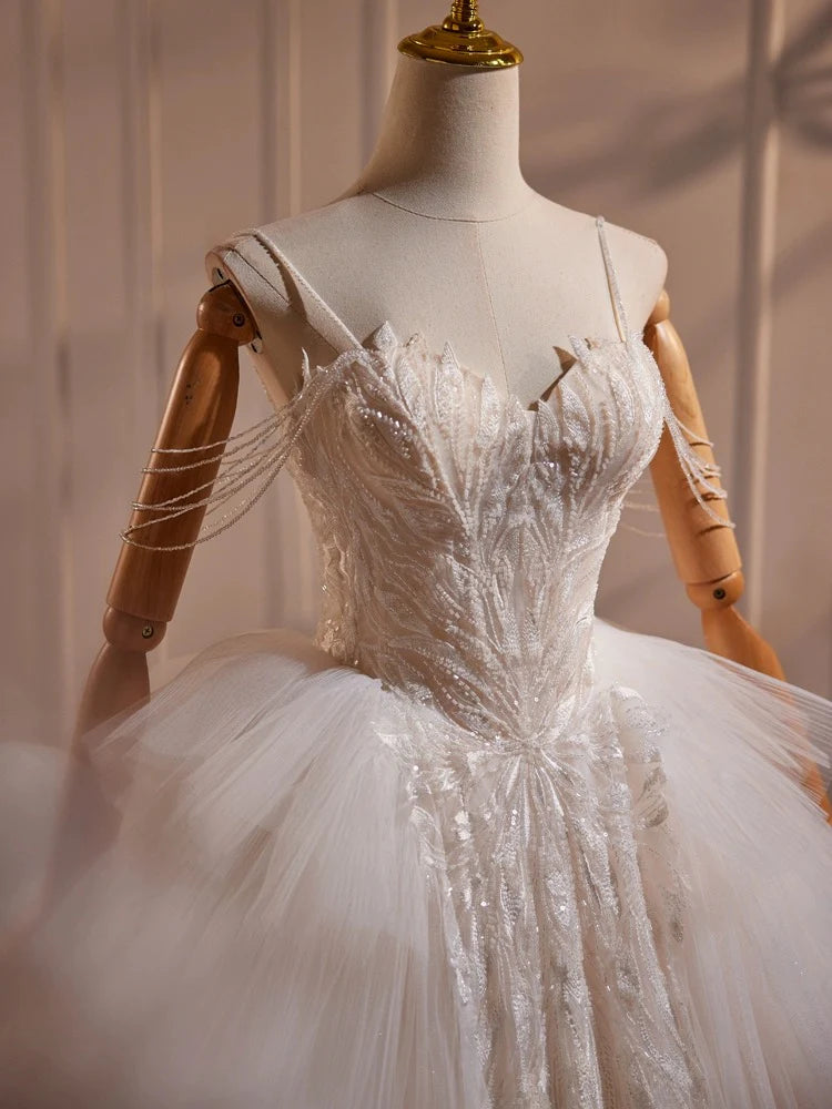 A-Line Sweetheart Neck Tulle Lace Light Champagne Long Wedding Dress with