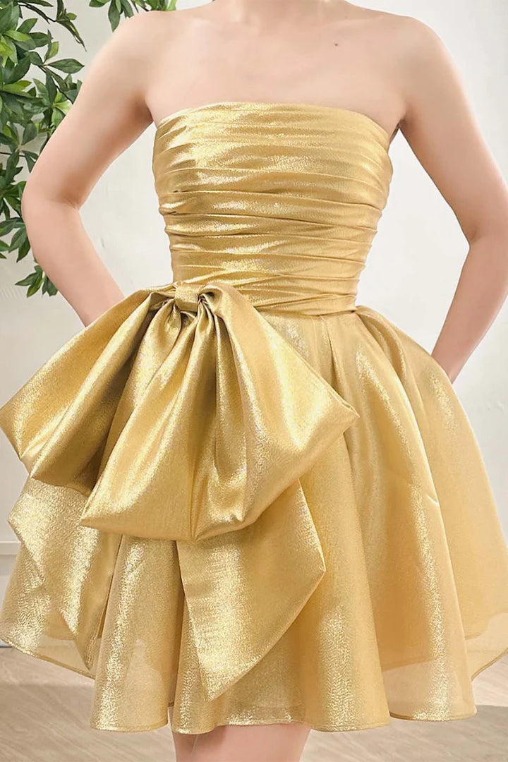 Gold Strapless Homecoming Dress with Bow